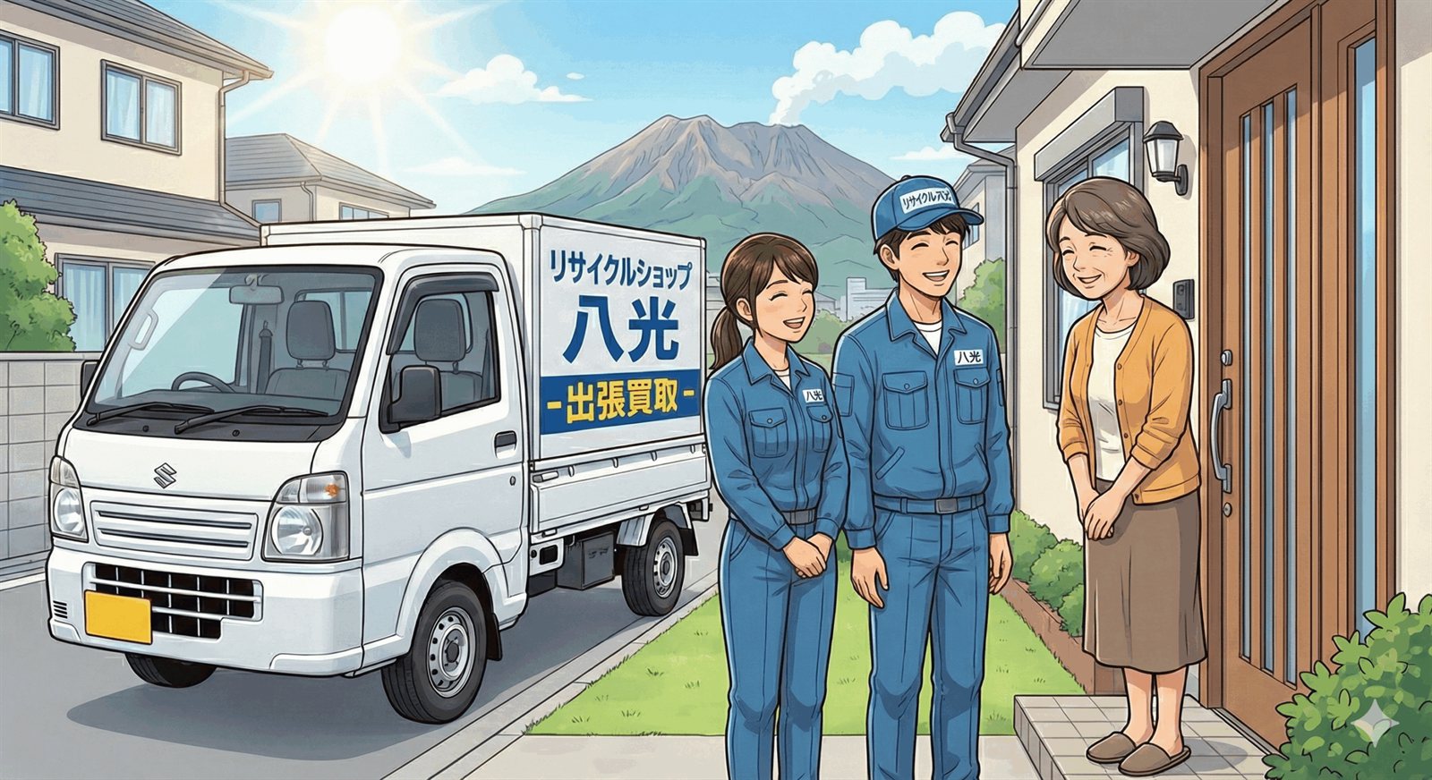 鹿児島市で出張買取に伺うリサイクルショップ八光のスタッフと軽トラック(桜島背景)