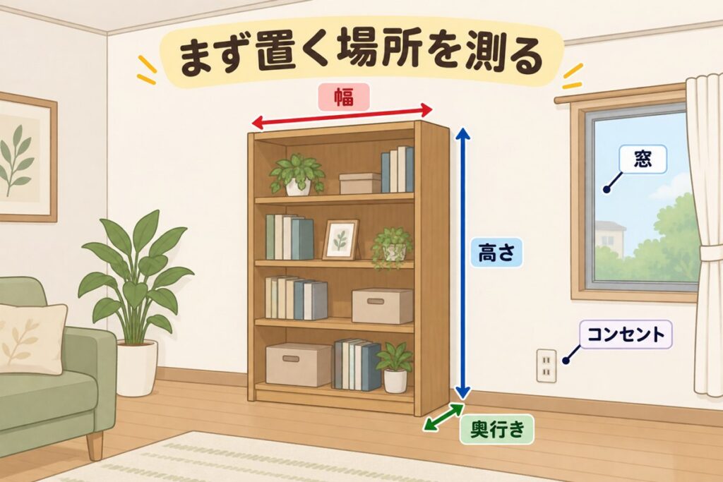中古本棚を置く場所の幅・奥行き・高さと、窓・コンセントの位置を確認する図