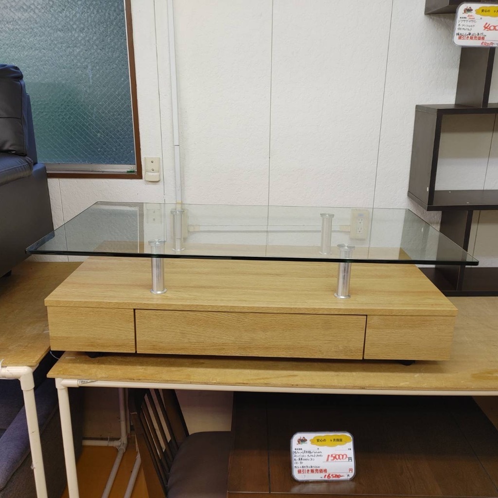 中古の引き出し収納付き ニトリ ガラスセンターテーブル スプレンダーC 120セット（幅120cm）（リサイクルショップ八光・鹿児島市田上）